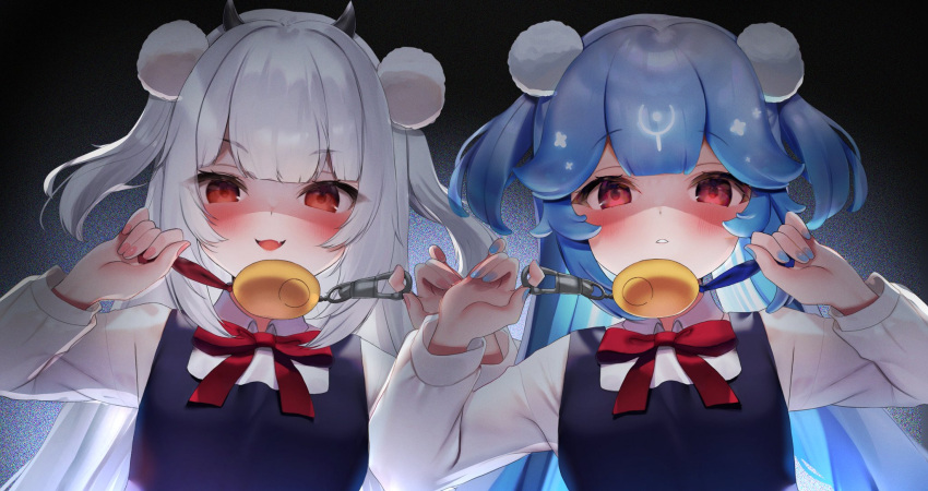 2girls aged_down bao_(vtuber) black_dress black_horns blue_hair blue_nails blush crime_prevention_buzzer dress eyes_in_shadow from_below highres holding horns indie_virtual_youtuber long_hair lucy_pyre maru_ccy multiple_girls open_mouth pinafore_dress pink_nails red_eyes red_ribbon ribbon school_uniform shirt shukusei!!_loli-gami_requiem sleeveless sleeveless_dress two_side_up upper_body virtual_youtuber white_hair white_shirt