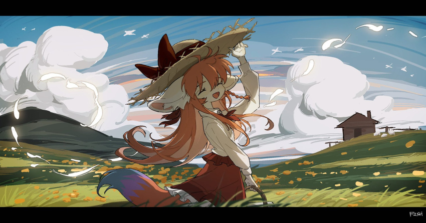 1girl ^_^ animal_ear_fluff animal_ears artist_name basket blue_sky bow braid closed_eyes cloud collared_shirt cowboy_shot day facing_viewer field fish7163 floating_hair fox_ears fox_girl fox_tail frilled_skirt frills furry furry_female grass hand_on_headwear hand_up hat hat_bow highres hill holding holding_basket letterboxed long_hair long_sleeves meadow neckerchief open_mouth orange_hair original outdoors red_neckerchief red_skirt scenery shirt side_braid signature simple_bird single_braid skirt sky smile solo standing straw_hat sun_hat tail white_shirt wide_shot wind