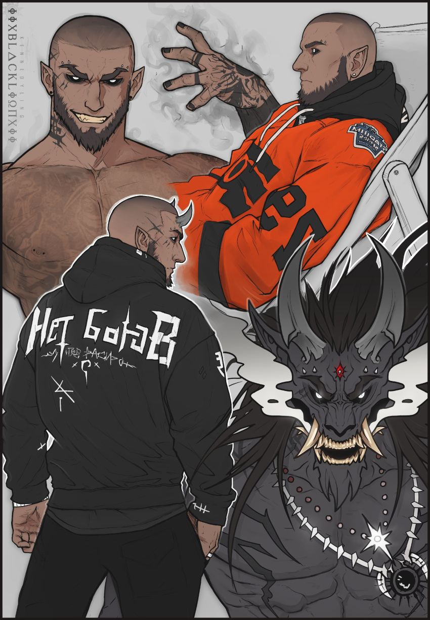 1boy absurdres artist_name bara beard black_hair black_hoodie black_nails black_pants black_sclera buzz_cut closed_mouth colored_sclera cropped_torso demon_horns ear_piercing evil_grin evil_smile facial_hair furry furry_male grey_background grin hand_tattoo highres hood hoodie horns iixblacklionxii jewelry long_sleeves male_focus monster multiple_views muscular muscular_male necklace nipple_piercing nipples nude orange_hoodie original pants pectorals piercing pointy_ears scar_on_head short_hair smile tattoo teeth thick_eyebrows very_short_hair