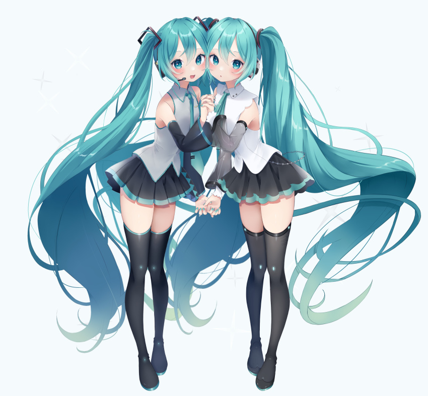 2girls :o absurdres aqua_eyes aqua_hair aqua_necktie bare_shoulders black_footwear black_skirt black_sleeves boots collared_shirt commentary_request detached_sleeves full_body grey_shirt grey_sleeves hair_between_eyes hair_ornament hatsune_miku hatsune_miku_(nt) highres holding_hands long_hair long_sleeves looking_at_viewer multiple_girls necktie open_mouth paya_(alunair) pleated_skirt shirt simple_background skindentation skirt sleeveless sleeveless_shirt smile thigh_boots time_paradox twintails very_long_hair vocaloid white_background white_shirt wide_sleeves zettai_ryouiki