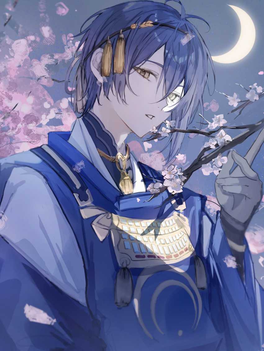 1boy armor black_gloves blue_kimono branch cherry_blossoms crescent dou flower gloves hair_between_eyes hair_ornament highres japanese_armor japanese_clothes kagaku_o kimono looking_at_viewer male_focus mikazuki_munechika moon moonlight night night_sky open_mouth outdoors pink_flower shadow short_hair sky solo touken_ranbu tree upper_body wide_sleeves yellow_eyes