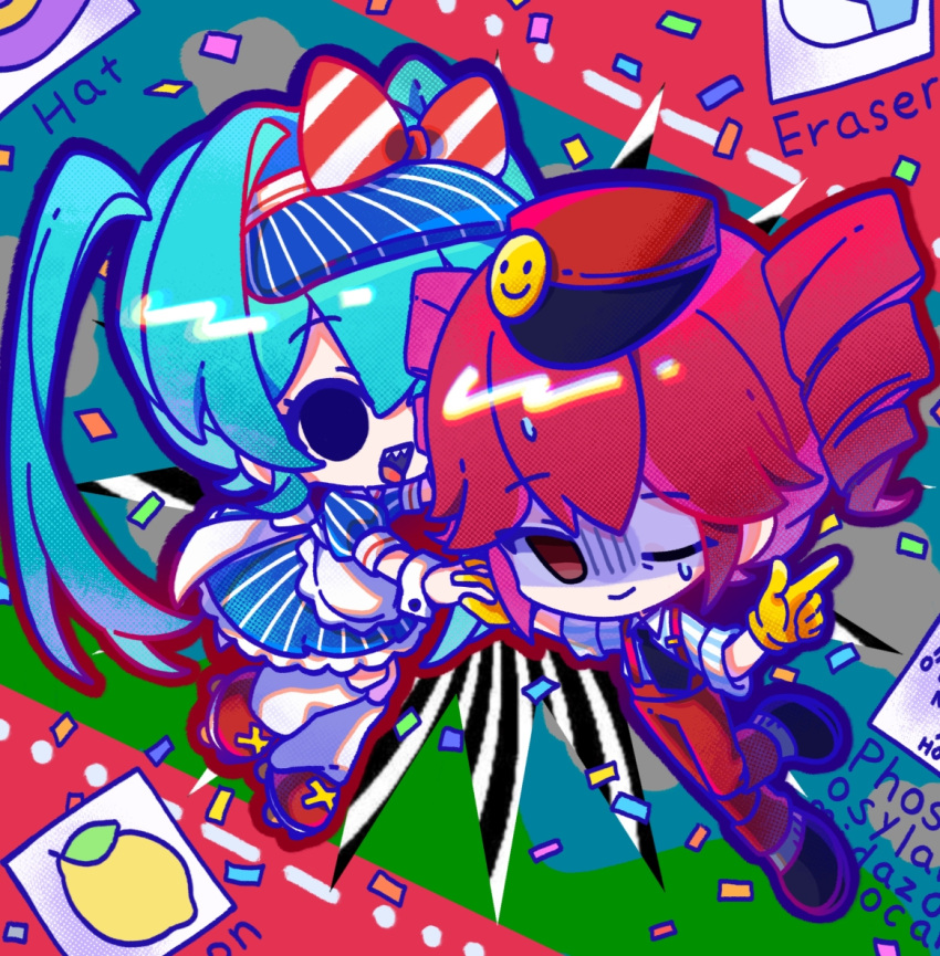 2girls apron black_necktie blue_dress blue_hair bow buttons chibi closed_mouth collared_shirt commentary confetti diagonal-striped_bow double-breasted dress drill_hair empty_eyes english_text gloves hat hatsune_miku kasane_teto long_hair mesmerizer_(vocaloid) multiple_girls necktie one_eye_closed open_mouth pants puffy_short_sleeves puffy_sleeves red_eyes red_hair red_hat red_pants roller_skates sharp_teeth shirt short_sleeves skates smile socks striped_clothes striped_dress striped_shirt su_dong_huo_ji suspenders symbol-only_commentary teeth tongue tongue_out turn_pale twin_drills twintails utau vertical-striped_clothes vertical-striped_dress vertical-striped_shirt visor_cap vocaloid waist_apron waitress white_apron white_shirt white_socks white_wrist_cuffs wrist_cuffs yellow_gloves