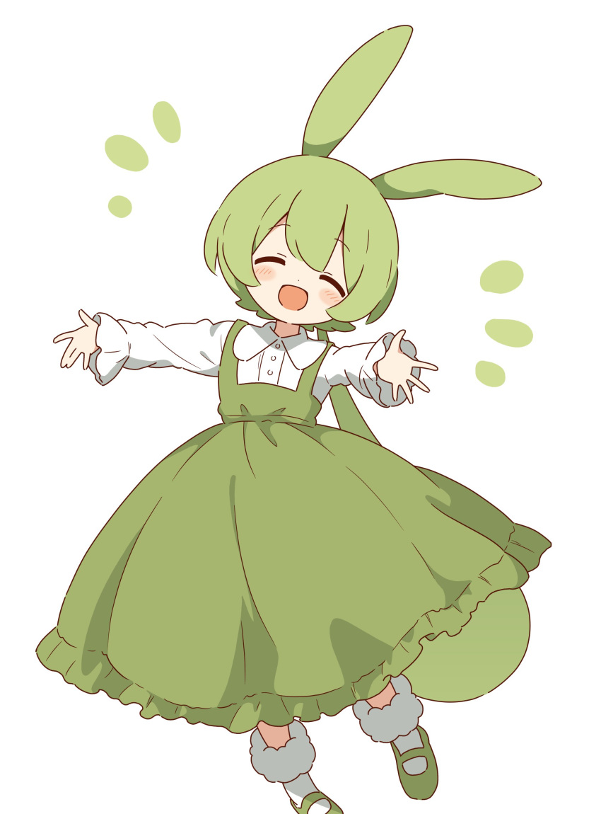 1girl :d absurdres blush closed_eyes collared_shirt dot_nose dress facing_viewer green_dress green_footwear green_hair head_tilt highres long_dress long_hair low-tied_long_hair notice_lines open_hands open_mouth outstretched_arms pinafore_dress pleated_dress reaching reaching_towards_viewer shirt shoes sidelocks simple_background sleeveless sleeveless_dress smile socks solo voicevox white_background white_shirt white_socks zundamon zunmut