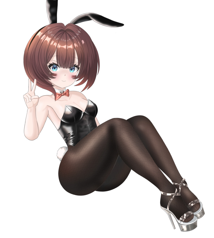 1girl absurdres animal_ears black_suit blue_eyes blush brown_hair goddess_of_victory:_nikke happy high_heels highres mica_(nikke) non-web_source playboy_bunny rabbit_ears sitting suit thighs v