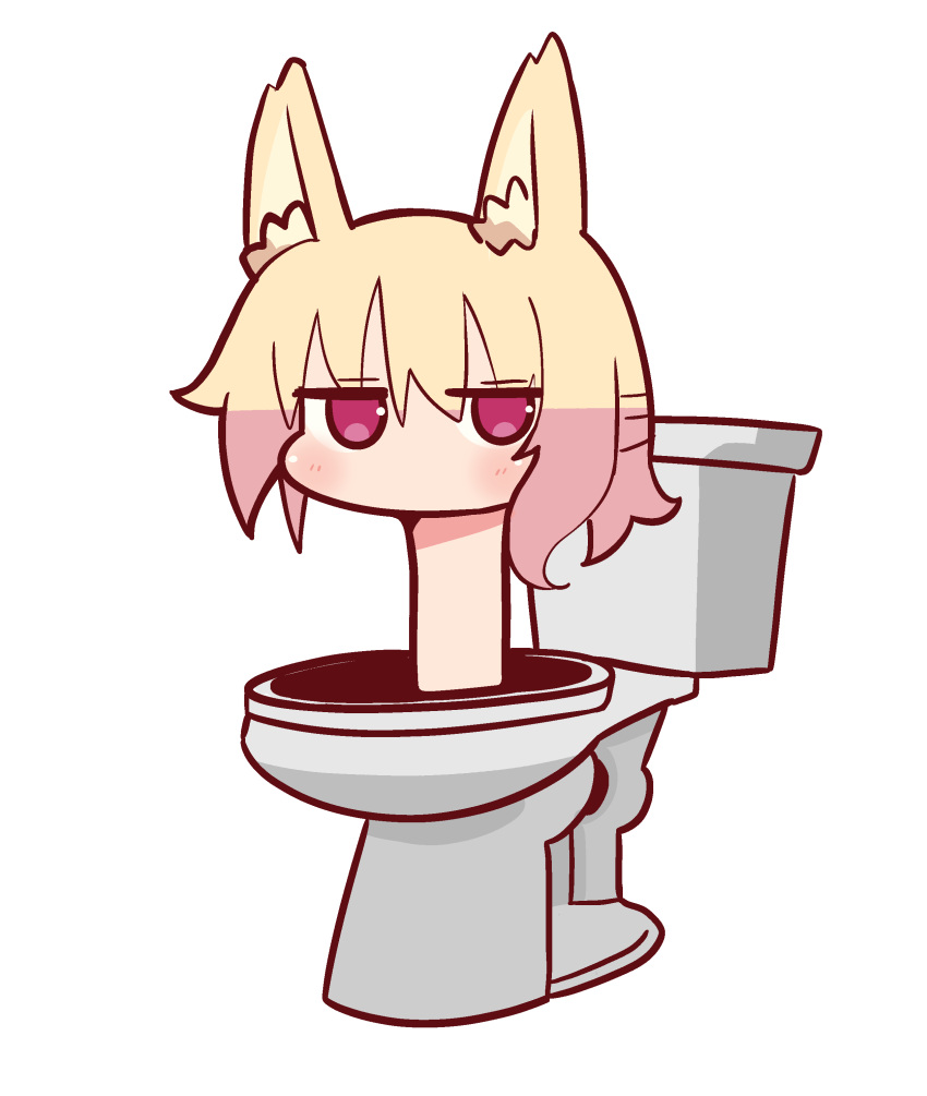 1girl absurdres animal_ear_fluff animal_ears blonde_hair blush borrowed_character chibi fox_ears fox_girl highres jitome kemomimi-chan_(naga_u) meme no_mouth original simple_background skibidi_toilet_(series) solo toilet transparent_background zundamonium