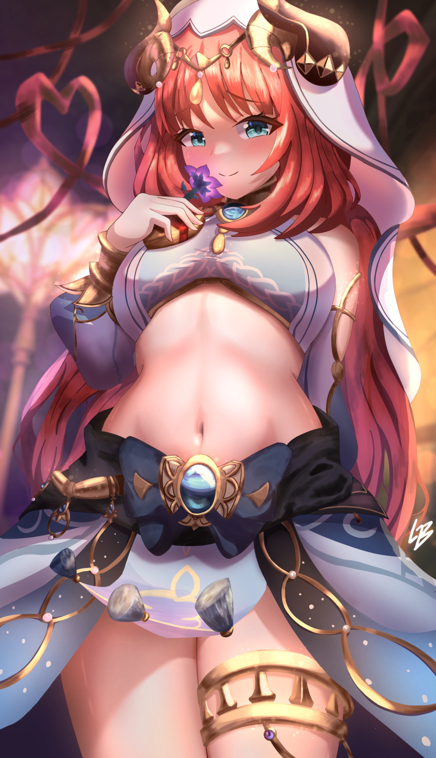 1girl absurdres bare_shoulders blue_eyes blue_skirt breasts commentary cowboy_shot crop_top fake_horns flower genshin_impact hand_up highres holding holding_flower horns indoors long_hair loob looking_at_viewer medium_breasts midriff navel nilou_(genshin_impact) purple_flower red_hair skirt smile solo standing stomach thighlet thighs veil very_long_hair