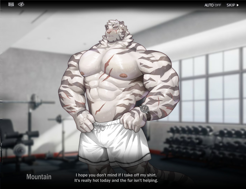 1boy abs animal_ears arknights bara blush bulge character_name closed_eyes cross_scar english_commentary facing_viewer furry furry_male gym highres kusu_(x_kusunagi_x) male_focus mountain_(arknights) multiple_scars muscular muscular_male nipples paid_reward_available pectorals scar scar_across_eye scar_on_arm scar_on_cheek scar_on_chest scar_on_face scar_on_stomach shorts sweat tail talking tiger_boy tiger_ears tiger_stripes tiger_tail topless_male very_sweaty watch white_shorts wristwatch