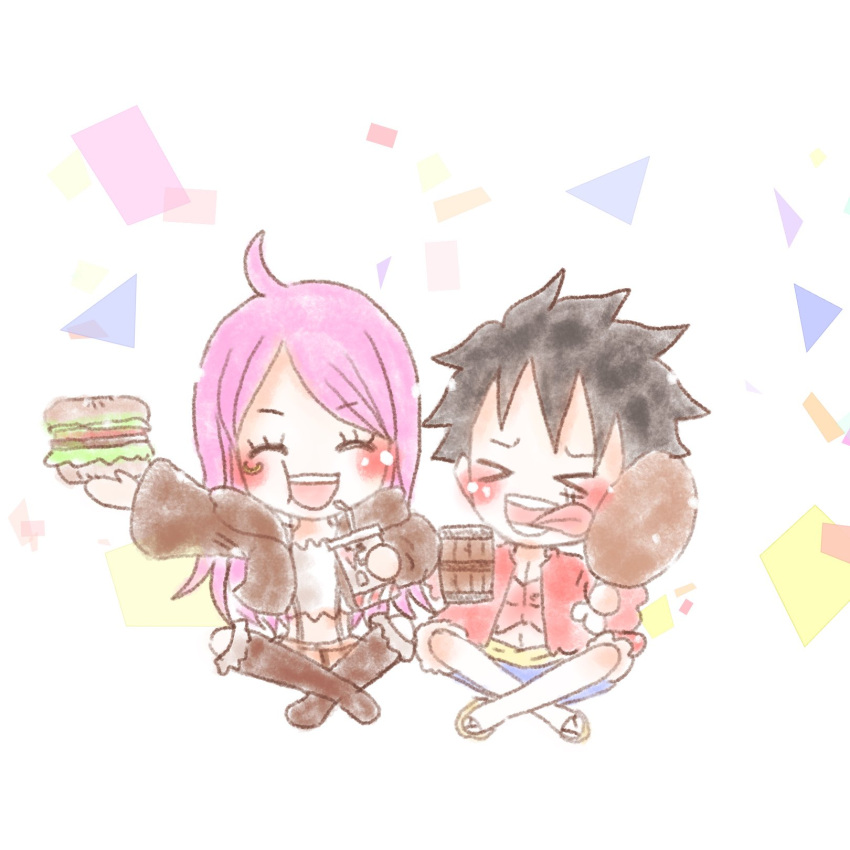 &gt;_&lt; 1boy 1girl ^_^ ahoge black_hair blue_shorts blush boots burger chibi closed_eyes coat commentary_request crop_top crossed_legs cup flip-flops food fur_coat highres holding holding_cup holding_food jewelry_bonney karin10_op long_hair meat monkey_d._luffy one_piece open_clothes open_shirt pink_hair red_shirt sandals sash shirt short_hair shorts tongue tongue_out yellow_sash