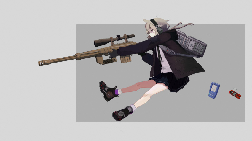 1girl backpack bag black_gloves black_jacket black_necktie black_skirt bolt_action cheytac_m200 ear_protection full_body girls'_frontline gloves grey_background grey_hair gun highres holding holding_gun holding_weapon hood hooded_jacket jacket long_hair m200_(girls'_frontline) messy_hair meta0614 necktie open_clothes open_jacket pleated_skirt ponytail purple_eyes purple_socks rifle scope shirt shoes simple_background skirt sneakers sniper_rifle socks solo two-tone_socks weapon white_shirt white_socks