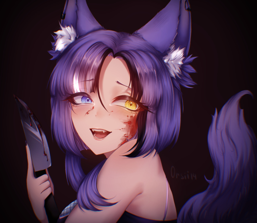 1girl animal_ear_fluff animal_ears awful_queen_(vtuber) bad_source black_nails blood blood_on_face fox_ears fox_girl fox_tail heterochromia highres holding holding_knife indie_virtual_youtuber knife looking_at_viewer monster_girl open_mouth orsii14 purple_hair purple_tail tail yandere