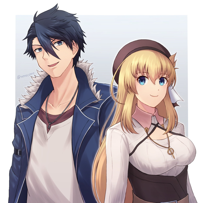 1boy 1girl agnes_claudel beret black_hair blonde_hair blue_eyes border breasts coat double-parted_bangs eiyuu_densetsu fur_collar grey_background hair_between_eyes hat highres jewelry kuro_no_kiseki kuro_no_kiseki_iii large_breasts long_hair looking_at_viewer open_mouth pendant rerecoro ribbed_sweater short_hair sidelocks simple_background smile sweater van_arkride white_border