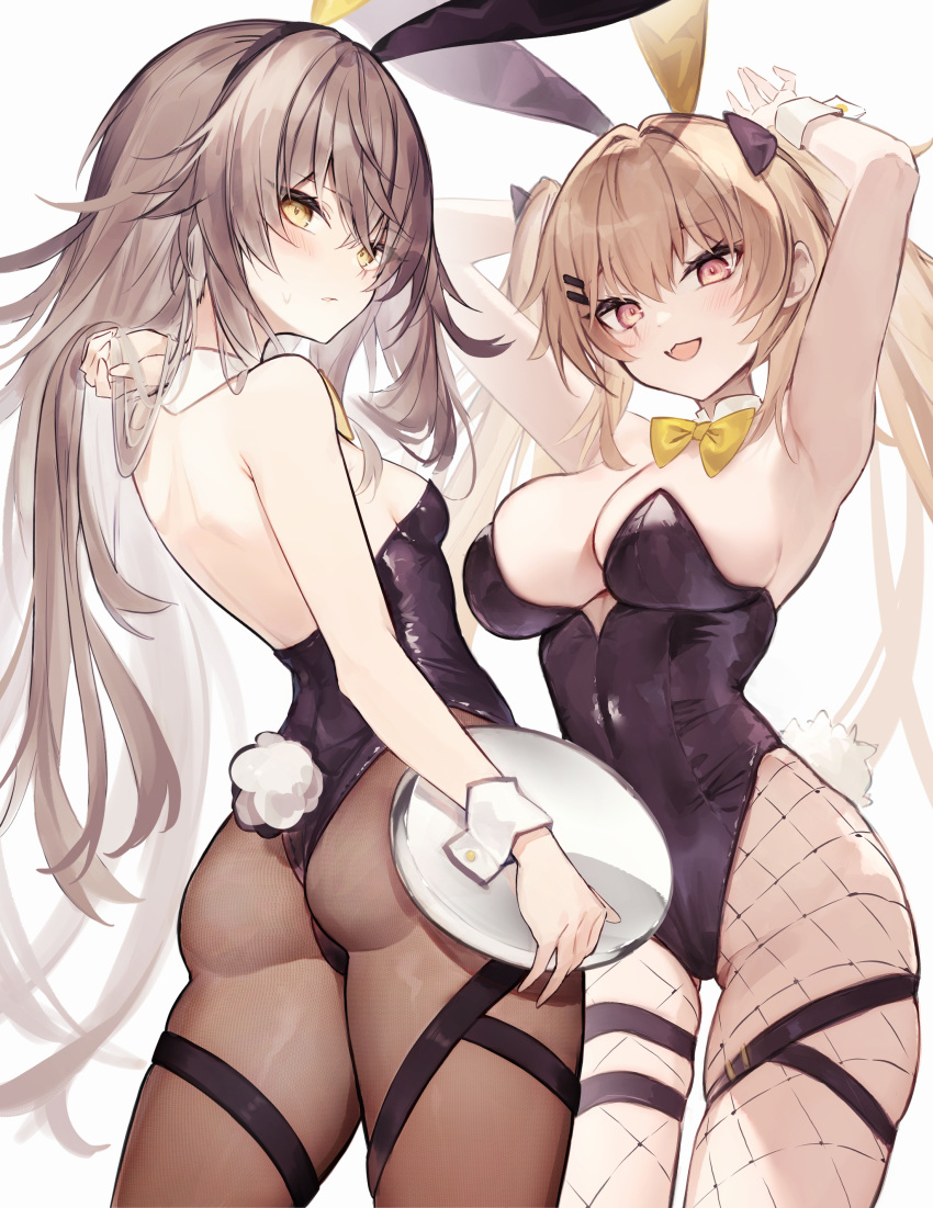 2girls absurdres alternate_costume animal_ears arms_up ass backless_leotard black_leotard black_pantyhose blush bow bowtie breasts brown_hair cleavage closed_mouth commentary commentary_request cowboy_shot detached_collar diieru fake_animal_ears fake_tail fang fishnet_pantyhose fishnets girls'_frontline hair_ornament hairpin hands_up highres holding holding_tray large_breasts leotard long_hair looking_at_viewer looking_back multiple_girls multiple_hairpins open_mouth orange_eyes pantyhose playboy_bunny rabbit_ears rabbit_tail scar scar_across_eye simple_background skin_fang skindentation small_breasts tail tray twintails ump45_(girls'_frontline) ump9_(girls'_frontline) white_background wrist_cuffs yellow_bow yellow_bowtie