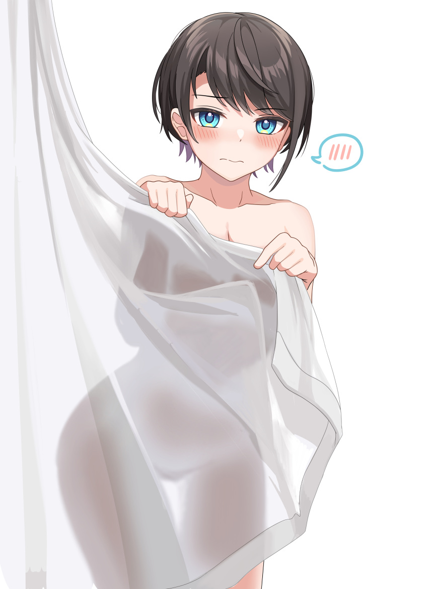 1girl absurdres aqua_eyes blush breasts brown_hair cleavage completely_nude covering_privates curtains highres hololive looking_at_viewer nude nude_cover oozora_subaru short_hair simple_background solo spoken_blush standing tihirowo virtual_youtuber white_background