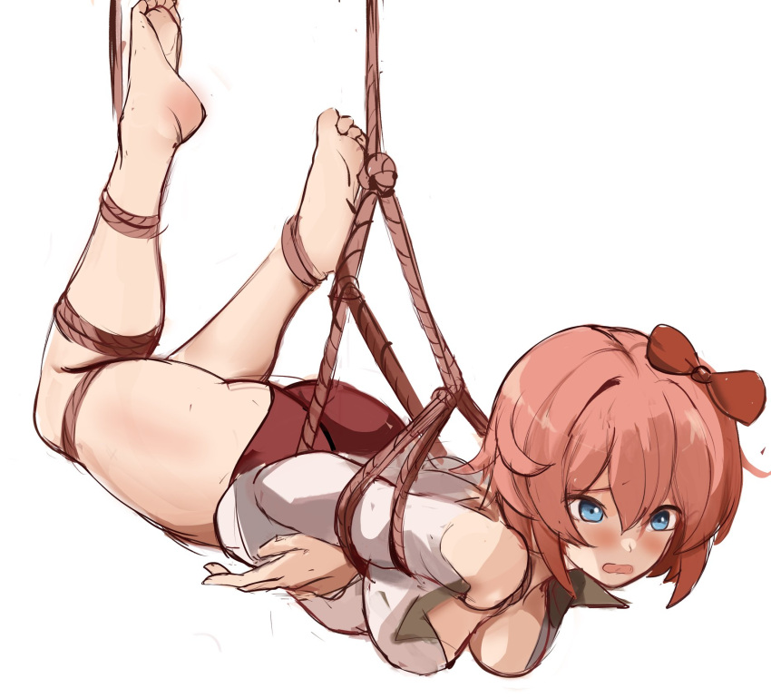 1girl arms_behind_back ass barefoot bdsm blue_eyes blush bondage bound bound_arms bow breasts doki_doki_literature_club feet gym_shorts hair_bow highres non-web_source open_clothes open_shirt pink_hair rakeemspoon red_bow sayori_(doki_doki_literature_club) shibari short_hair shorts solo thighs white_background