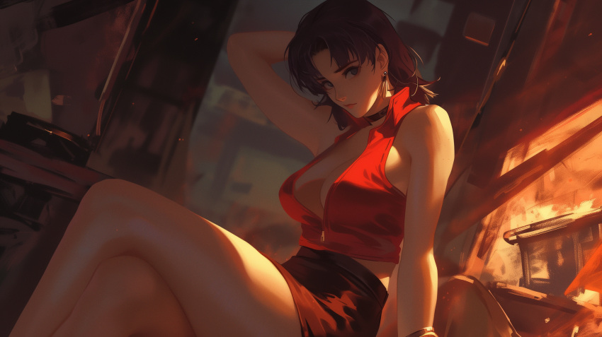 1girl ai-generated aika_arts black_skirt breasts cleavage earrings hand_in_own_hair highres jewelry katsuragi_misato large_breasts looking_at_viewer neon_genesis_evangelion partially_unzipped purple_hair skirt solo thighs