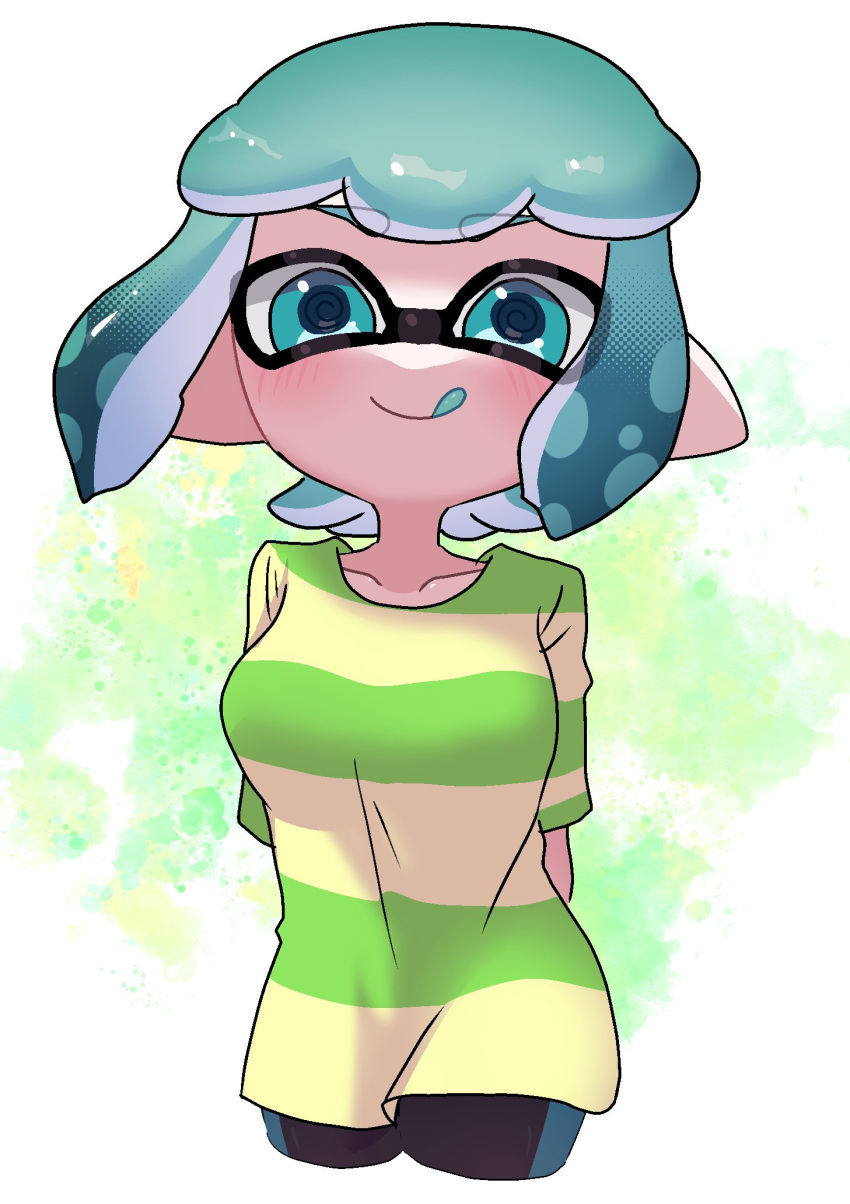 1girl arms_behind_back bike_shorts blue_eyes blue_hair breasts green_shirt highres inkling inkling_girl inkling_player_character large_breasts licking_lips panu pointy_ears shirt single_vertical_stripe solo solo_focus splatoon_(series) splatoon_2 standing striped_clothes suction_cups tentacle_hair tongue tongue_out