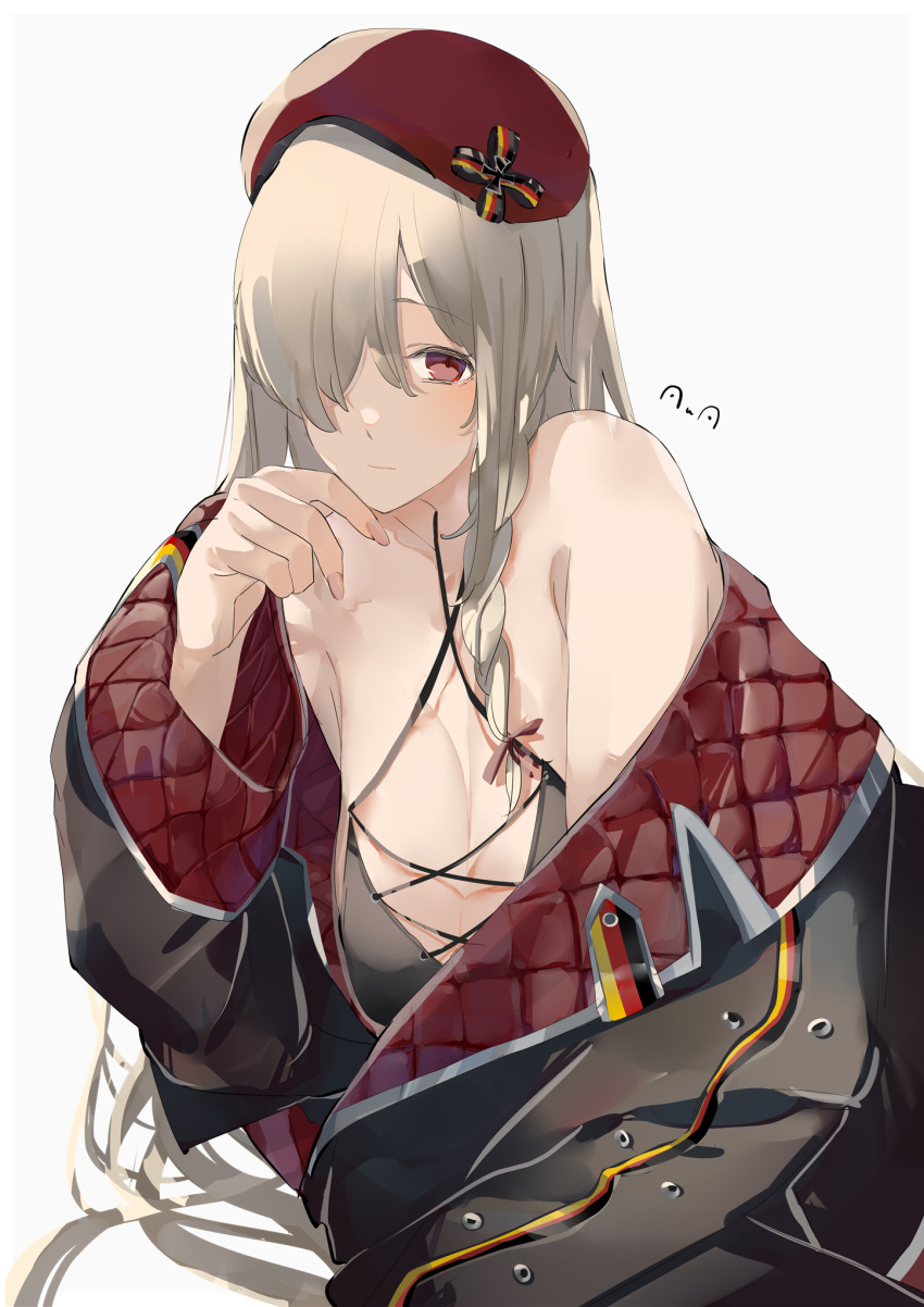 1girl beret black_jacket braid breasts cleavage closed_mouth commentary expressionless g36c_(girls'_frontline) g36c_(mod3)_(girls'_frontline) german_flag girls'_frontline grey_hair hair_over_one_eye hat hat_ribbon highres jacket long_hair looking_at_viewer red_eyes ribbon simple_background solo sutekina_awa upper_body white_background