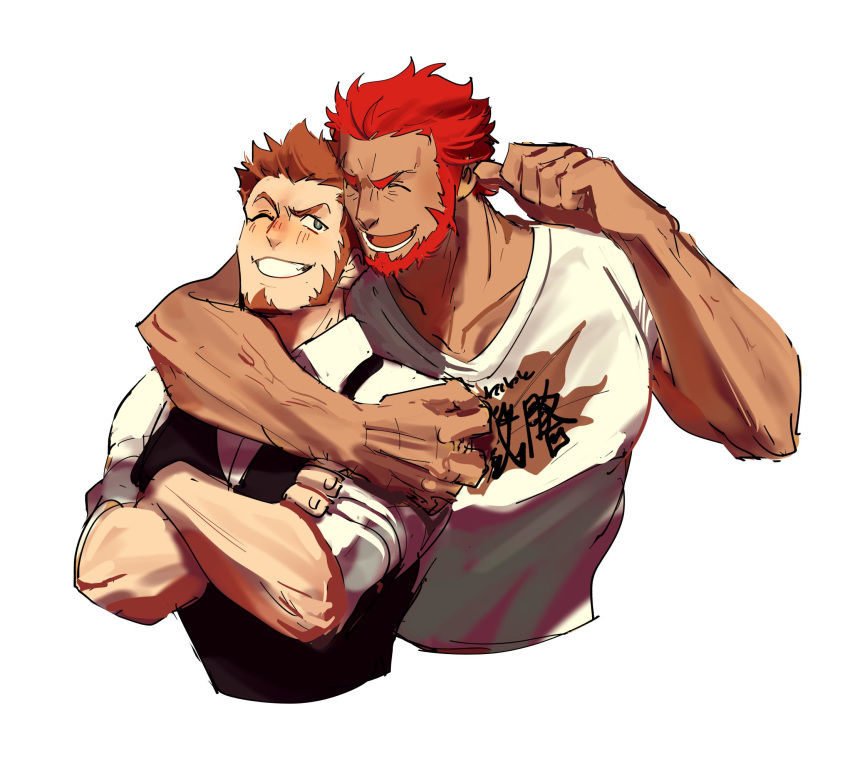 2boys bara beard blue_eyes blush brown_hair facial_hair fate/grand_order fate_(series) highres kendy_(revolocities) male_focus multiple_boys muscle napoleon_bonaparte_(fate/grand_order) open_mouth red_hair rider_(fate/zero) shirt short_hair simple_background smile white_background yaoi