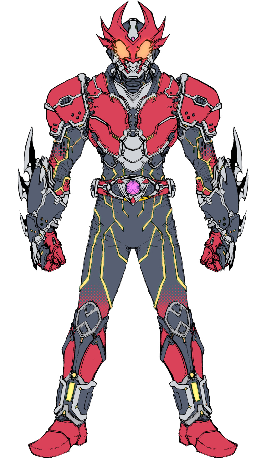 1boy absurdres altering_(agito) armor armored_bodysuit belt black_bodysuit bodysuit bursting compound_eyes driver_(kamen_rider) gauntlets highres horns kamen_rider kamen_rider_agito kamen_rider_agito_(burning_form) kamen_rider_agito_(series) male_focus multiple_horns red_armor red_horns rider_belt shoulder_armor solo spiked_gauntlets tokusatsu yellow_eyes zd19990214