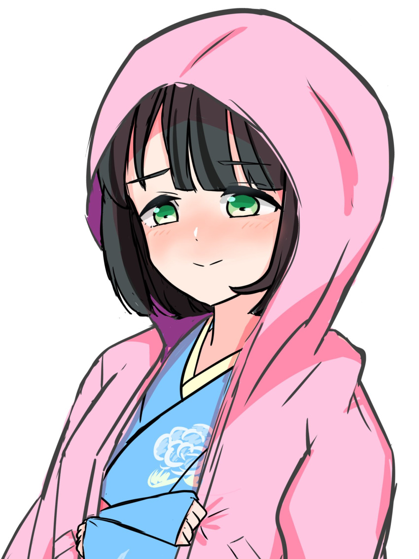 1girl anyoji_hime black_hair blue_kimono blunt_bangs blunt_ends blush borrowed_clothes closed_mouth commentary_request crossed_arms daime_(hyahhaa10) floral_print_kimono green_eyes highres hood hood_up hooded_jacket jacket japanese_clothes kimono link!_like!_love_live! love_live! momose_ginko nose_blush official_alternate_costume open_clothes open_jacket pink_jacket short_hair simple_background smile solo split_mouth upper_body virtual_youtuber white_background