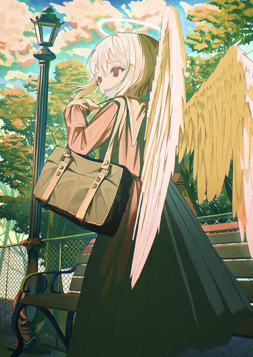 1girl angel angel_wings bag bench chain-link_fence cloud day dress feathered_wings feet_out_of_frame fence from_behind halo hand_up highres kagenoyuhi lamppost long_dress long_sleeves looking_to_the_side original outdoors park_bench parted_lips red_eyes sailor_collar sailor_dress short_hair shoulder_bag solo standing tree white_hair white_sailor_collar white_wings wings