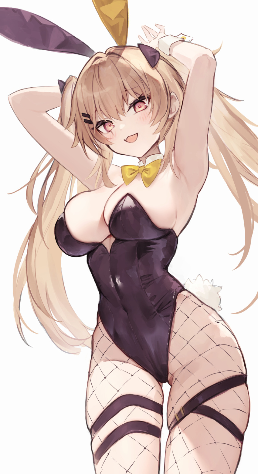 1girl absurdres alternate_costume animal_ears armpits arms_up backless_leotard black_leotard bow bowtie breasts brown_hair cleavage commentary covered_navel detached_collar diieru fake_animal_ears fake_tail fang fishnet_pantyhose fishnets girls'_frontline hair_ornament hairpin hands_up highres leotard long_hair looking_at_viewer multiple_hairpins open_mouth orange_eyes pantyhose playboy_bunny rabbit_ears rabbit_tail scar scar_across_eye simple_background skin_fang skindentation smile solo symbol-only_commentary tail twintails ump9_(girls'_frontline) white_background wrist_cuffs yellow_bow yellow_bowtie