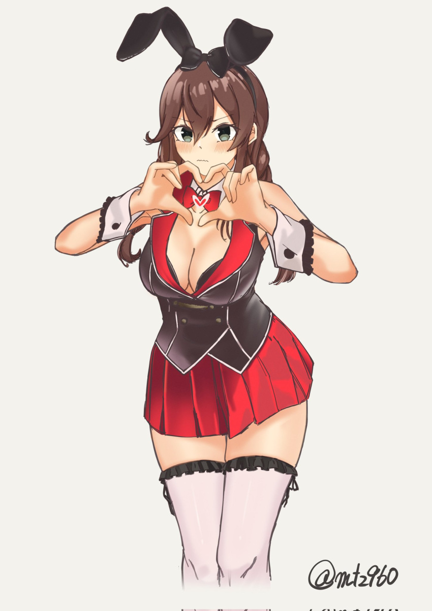 1girl alternate_costume animal_ears bare_shoulders bow bowtie braid breasts brown_hair cleavage cowboy_shot detached_collar fake_animal_ears green_eyes heart heart_hands highres kantai_collection large_breasts long_hair looking_at_viewer mochizou noshiro_(kancolle) playboy_bunny rabbit_ears red_skirt skirt smile solo thighhighs twin_braids twitter_username vest white_thighhighs