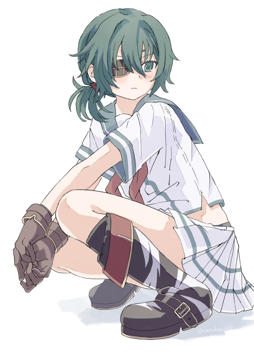 1girl alternate_hairstyle blush boots brown_gloves closed_mouth eyepatch gloves green_eyes green_hair highres kantai_collection kiso_(kancolle) knee_boots low_ponytail narukan neckerchief own_hands_together pleated_skirt ponytail red_neckerchief sailor_collar school_uniform serafuku shoes short_sleeves simple_background skirt solo squatting twitter_username white_background