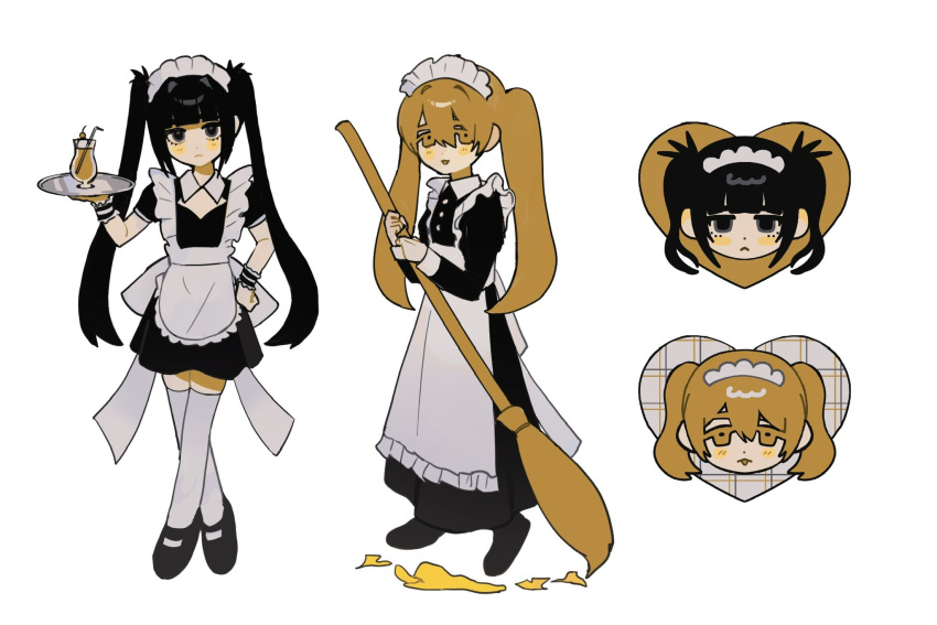 2girls :&lt; :d apron black_dress black_eyes black_hair blunt_bangs broom closed_mouth crossed_ankles dot_nose dress drink frilled_apron frills full_body hand_on_own_hip highres holding holding_broom holding_tray inu_dakisime long_bangs long_dress long_hair looking_at_viewer maid maid_headdress multiple_girls multiple_views open_mouth orange_eyes orange_hair original short_dress simple_background smile standing thighhighs tray twintails very_long_hair white_apron white_background white_thighhighs zettai_ryouiki