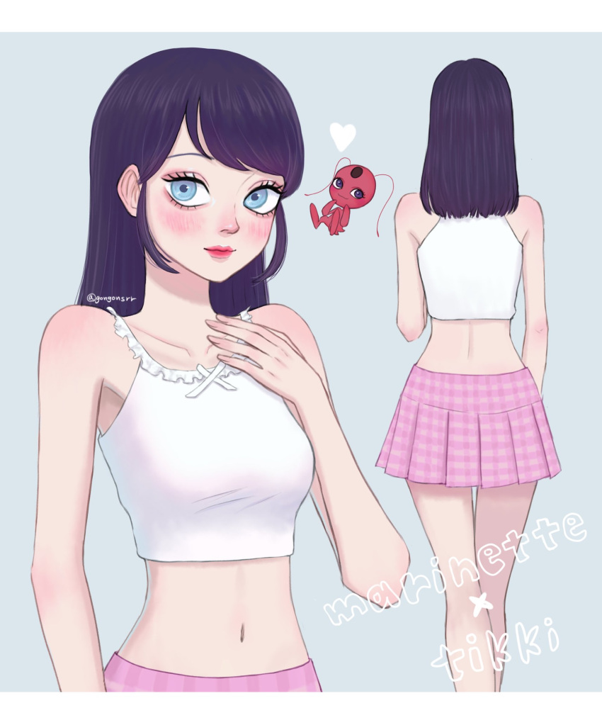 2girls back bare_arms blue_background blue_eyes blue_hair blush bug closed_mouth gongonsrr highres ladybug light_smile long_hair looking_at_viewer marinette_dupain-cheng miraculous_ladybug multiple_girls navel pink_skirt shirt skirt solo tikki_(miraculous_ladybug) upper_body white_shirt