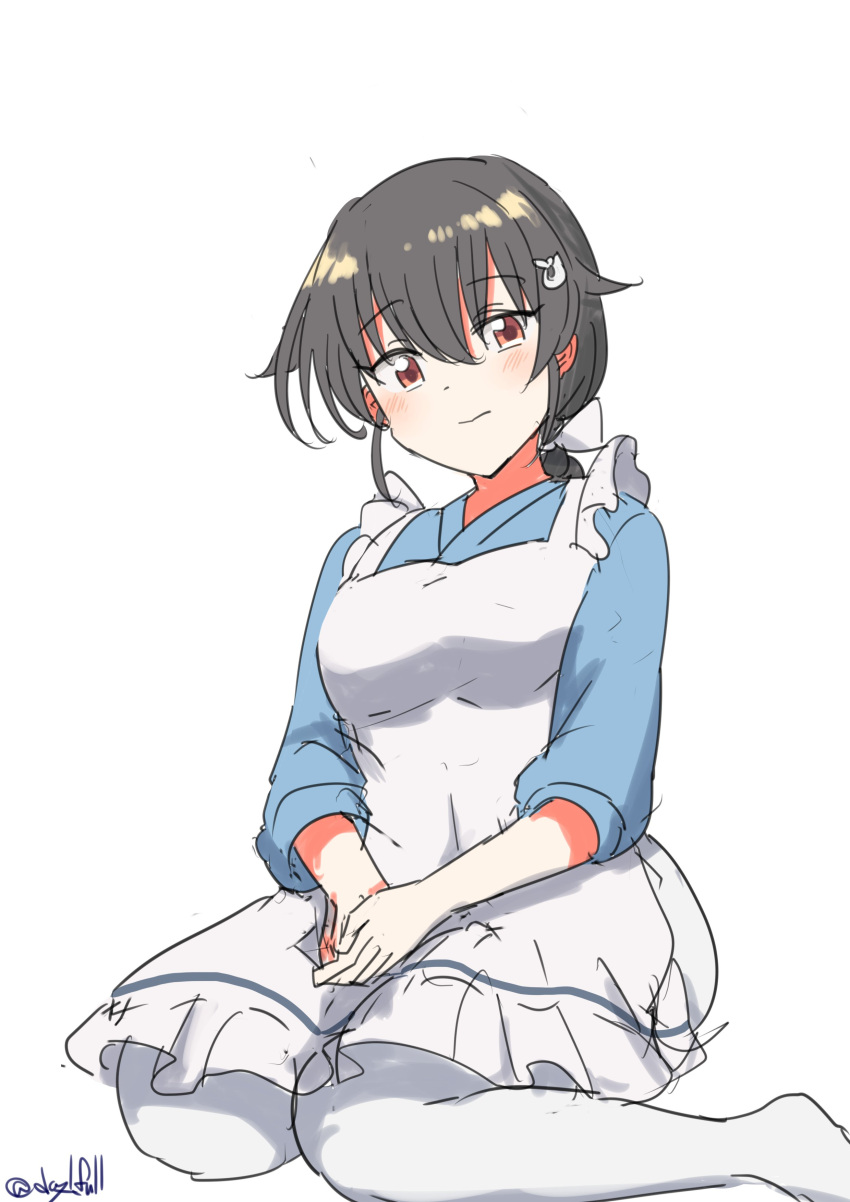 1girl absurdres apron black_hair blue_sweater frilled_apron frills hair_flaps highres jingei_(kancolle) kantai_collection low_ponytail pants red_hair robinson_(day_l_full) simple_background sitting smile solo sweater v_arms wariza white_apron white_background white_pants