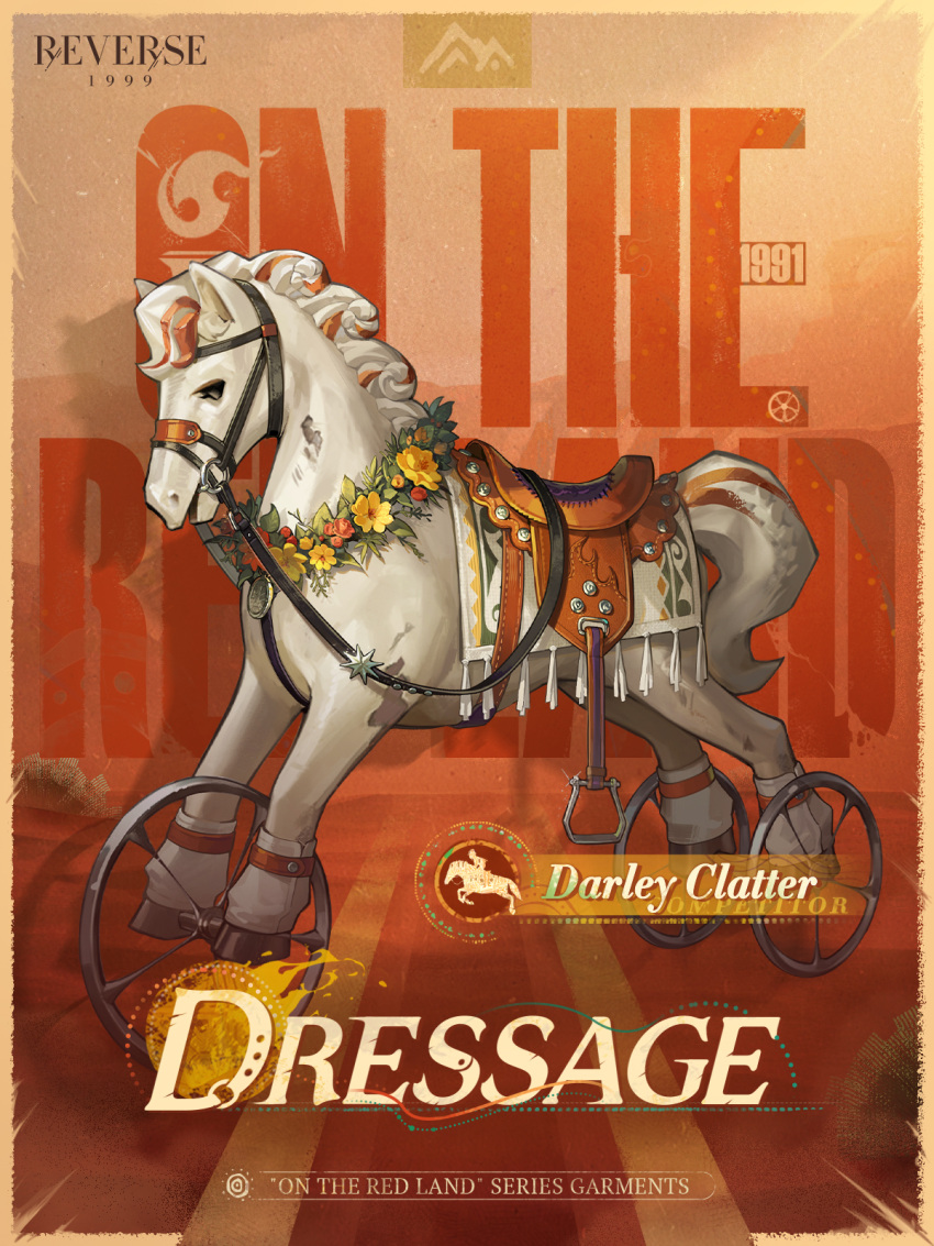 bad_source border bridle character_name copyright_name darley_clatter english_text flower flower_wreath highres logo no_humans object_focus official_alternate_costume official_art orange_background reins reverse:1999 saddle still_life toy_horse wheel yellow_border yellow_flower