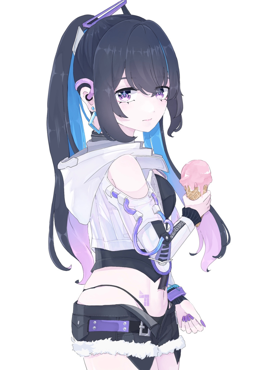 1girl black_hair black_shirt black_shorts clothing_cutout colored_inner_hair earrings gradient_hair grey_jacket highleg highleg_panties highres holding holding_ice_cream_cone ice_cream_cone idol jacket jewelry leeum8s long_hair long_sleeves looking_at_viewer midriff multicolored_hair navel official_alternate_costume official_alternate_hairstyle panties ponytail punishing:_gray_raven purple_eyes purple_hair selena_(punishing:_gray_raven) shirt short_shorts shorts shoulder_cutout sidelocks solo star_(symbol) stomach_tattoo tattoo underwear white_background