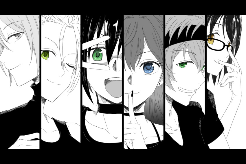 3boys 3girls :d ;d blue_eyes brown_eyes choker commentary green_eyes grey_eyes hack_my ichinose_shiki idolmaster idolmaster_cinderella_girls idolmaster_side-m iseya_shiki kamijou_haruna kimura_natsuki long_hair looking_at_viewer monochrome multiple_boys multiple_girls namesake one_eye_closed open_mouth sakaki_natsuki simple_background smile spot_color v wakazato_haruna