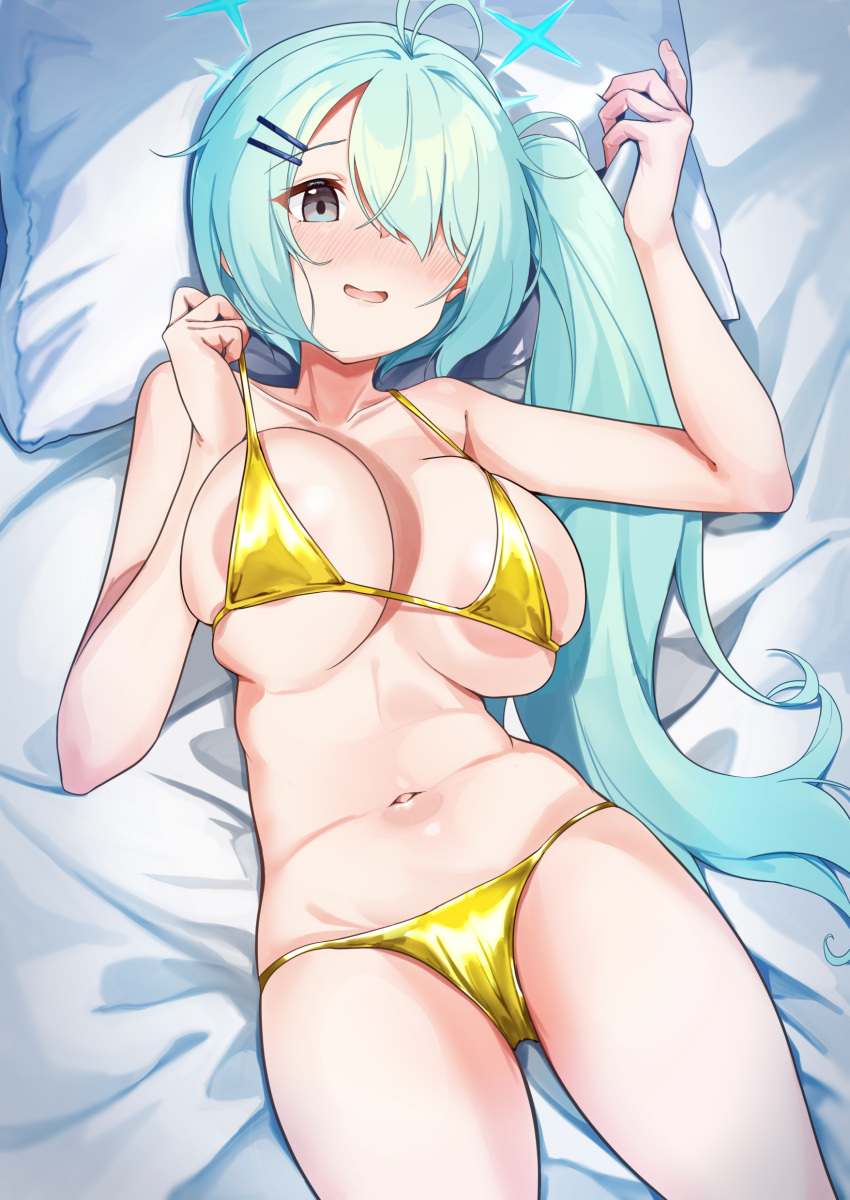 1girl absurdres antenna_hair aqua_hair areola_slip arm_up bare_arms bare_shoulders bed_sheet bikini blue_archive blue_halo blush breasts collarbone commentary_request cowboy_shot dusu_(htkj) gold_bikini grey_eyes hair_ornament hair_over_one_eye hairclip halo hand_up highres hiyori_(blue_archive) large_breasts long_hair looking_at_viewer lying navel nose_blush on_back one_eye_covered parted_lips pillow pillow_grab side_ponytail solo stomach string_bikini swimsuit very_long_hair