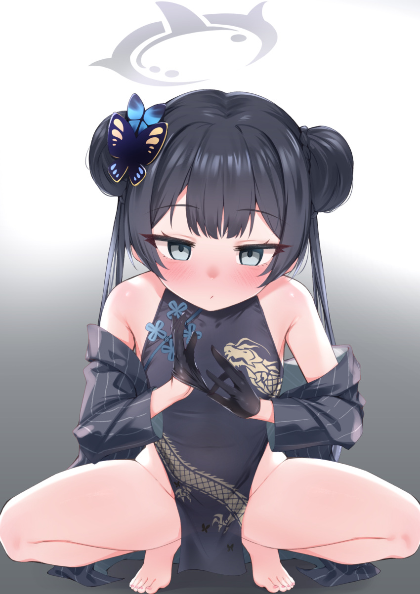 1girl bare_shoulders barefoot black_gloves black_hair blue_archive blue_eyes blush china_dress chinese_clothes coat double_bun dragon_print dress gloves gmkj gradient_background groin hair_bun hair_ornament halo highres kisaki_(blue_archive) long_hair off_shoulder solo spread_legs squatting tiptoes twintails variant_set