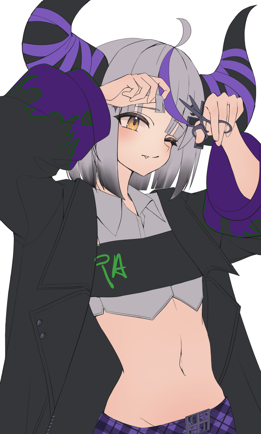 1girl absurdres ahoge black_jacket closed_mouth crop_top cutting_hair cutting_own_hair fang fang_out grey_hair highres hololive horns jacket la+_darknesss la+_darknesss_(casual) medium_hair multicolored_hair navel one_eye_closed open_clothes open_jacket purple_hair simple_background solo stomach streaked_hair thomas_8000 virtual_youtuber white_background yellow_eyes