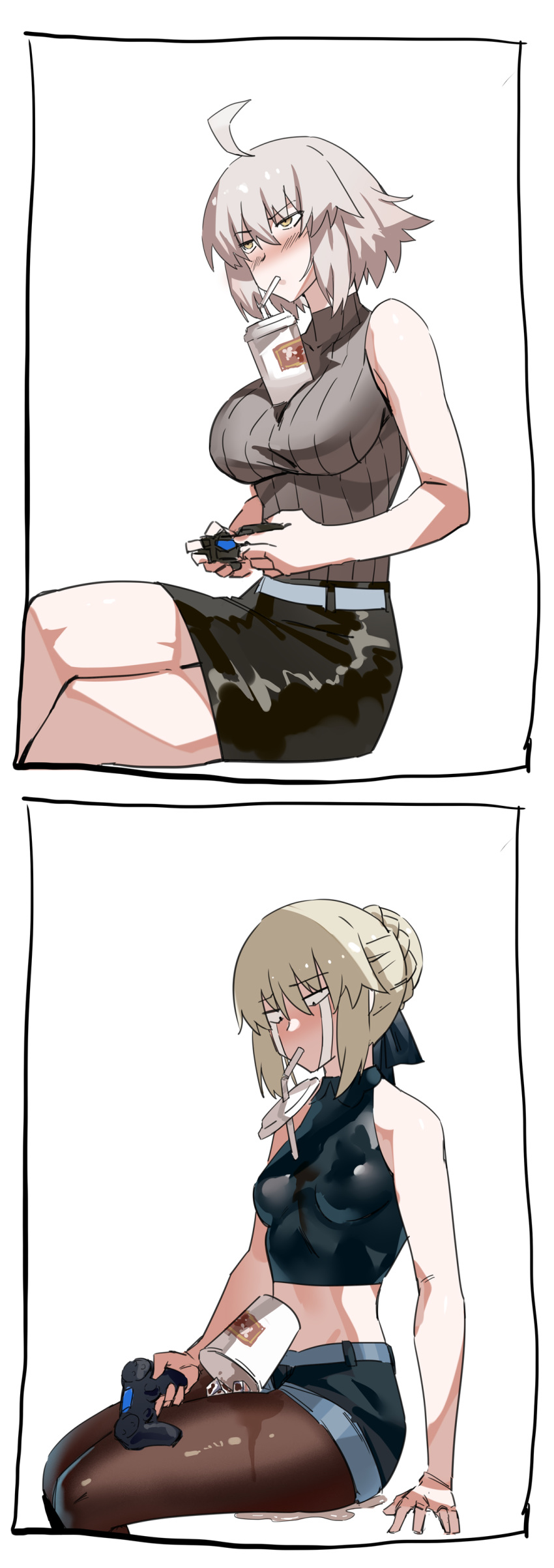 2girls absurdres ahoge artoria_pendragon_(all) blush breasts brown_eyes brown_legwear controller crossed_legs drink drinking_straw fate/grand_order fate_(series) game_controller hair_bun highres jeanne_d'arc_(alter)_(fate) jeanne_d'arc_(fate)_(all) large_breasts light_brown_hair midriff mouth_hold multiple_girls nanaya_(daaijianglin) pantyhose pencil_skirt ribbed_shirt saber_alter shiny shiny_clothes shirt short_hair short_shorts shorts silver_hair sitting skirt sleeveless sleeveless_shirt small_breasts spill tears turtleneck