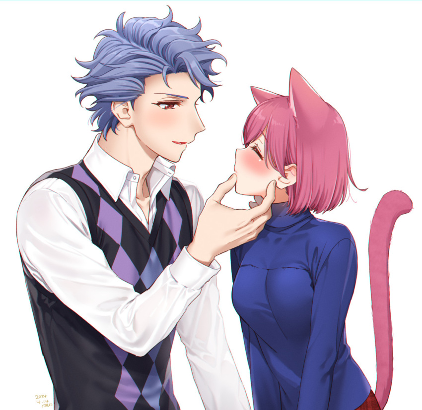 animal_ears argyle_clothes argyle_sweater_vest artist_name blue_shirt blush bob_cut breasts cat_ears cat_girl cat_tail closed_eyes collared_shirt couple dated grey_hair hair_between_eyes hand_on_another's_chin hetero krudears long_sleeves medium_breasts parted_lips pink_hair protagonist_(tokimemo_gs3) red_eyes shirt shitara_seiji short_hair sweater_vest tail tokimeki_memorial tokimeki_memorial_girl's_side_3rd_story turtle upper_body wavy_hair white_background white_shirt