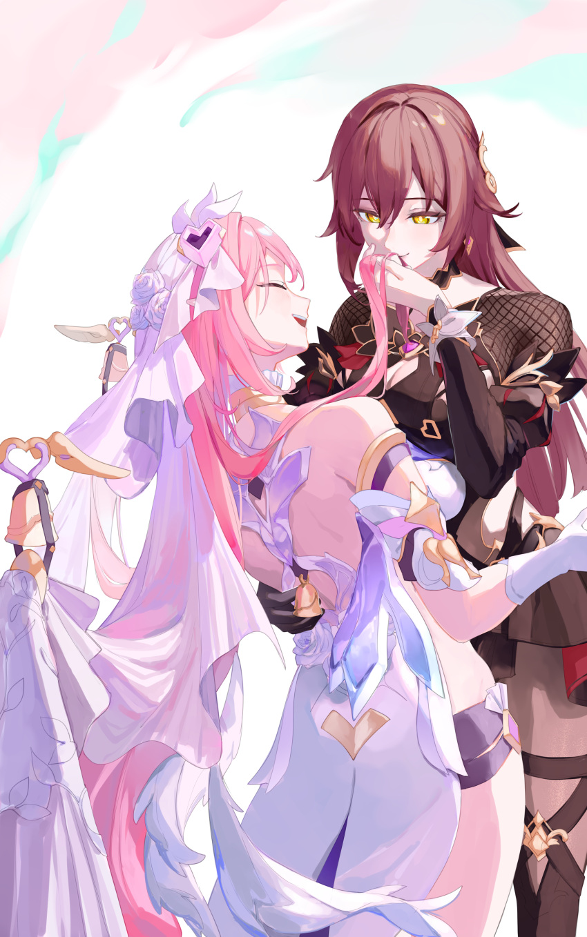 2girls absurdres back bare_legs bare_shoulders black_dress black_pantyhose black_shorts breasts bridal_veil brown_hair cleavage commentary_request cowboy_shot dress earrings eden_(honkai_impact) elysia_(herrscher_of_human:ego)_(honkai_impact) elysia_(honkai_impact) facing_another flower hair_between_eyes hand_on_another's_back highres holding_another's_hair honkai_(series) honkai_impact_3rd jewelry large_breasts long_hair looking_at_another midriff_peek multiple_girls open_mouth pantyhose pink_hair roena rose short_shorts shorts sidelocks smile thighs veil very_long_hair white_background white_dress white_flower white_rose yellow_eyes