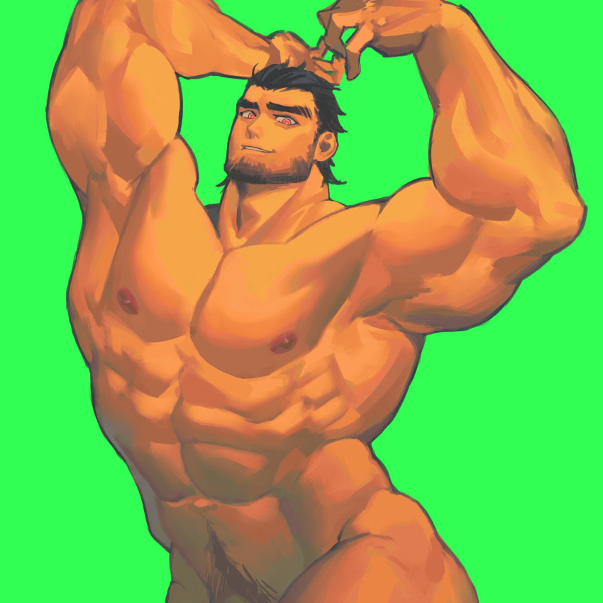 1boy abs absurdres adam's_apple armpits arms_up baimeme bara beard come_hither cowboy_shot facial_hair full_beard green_background highres large_pectorals looking_at_viewer male_focus male_pubic_hair mature_male muscular muscular_male navel navel_hair nipples original pectorals penis_out_of_frame pubic_hair seductive_smile short_hair smile solo standing stomach thick_eyebrows thick_neck thick_thighs thighs tsurime
