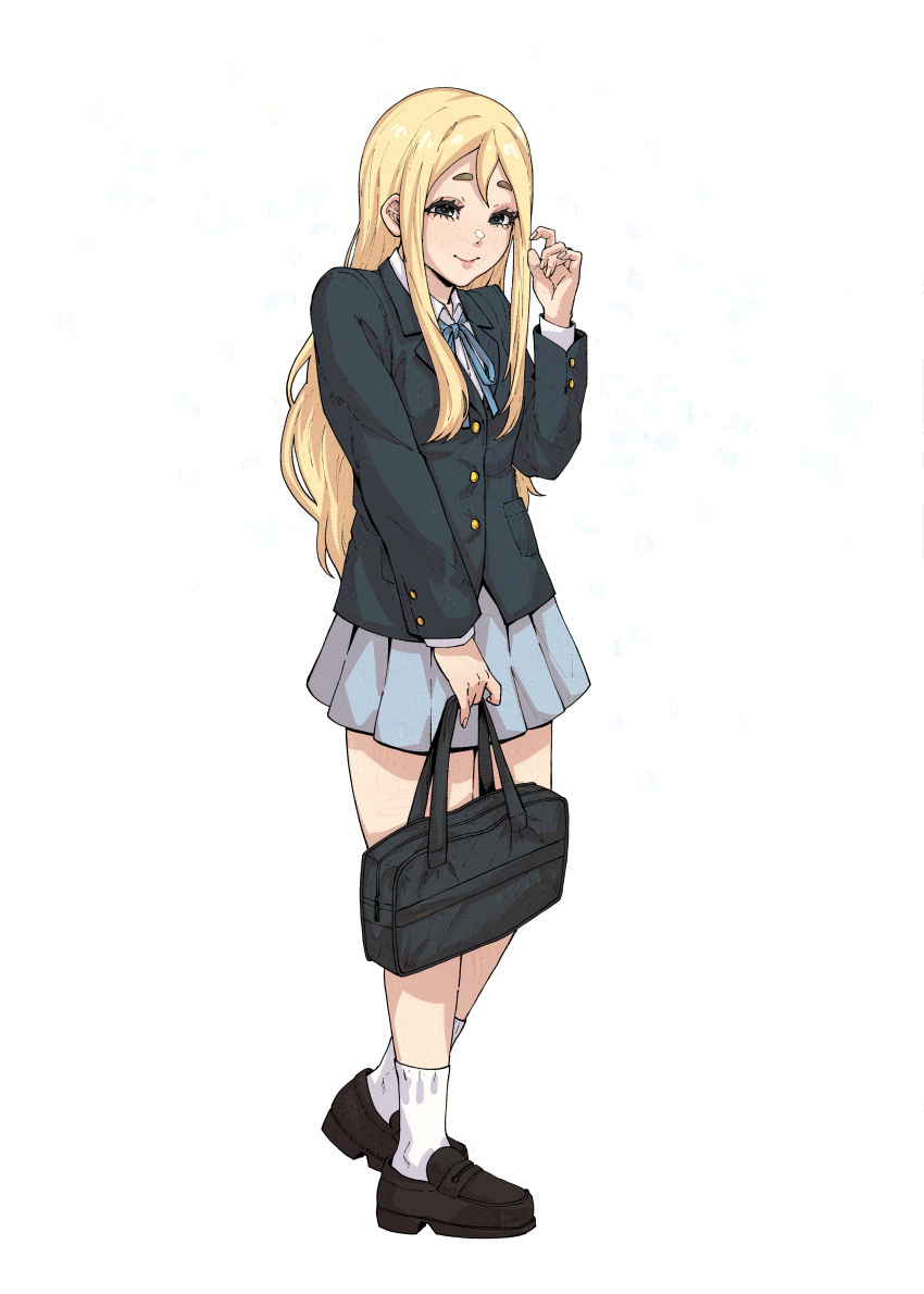 1girl absurdres bag black_eyes black_footwear black_jacket blazer blonde_hair blue_ribbon chuckuddin closed_mouth collared_shirt full_body grey_skirt hand_up highres holding holding_bag jacket k-on! kotobuki_tsumugi loafers long_hair long_sleeves neck_ribbon pleated_skirt ribbon sakuragaoka_high_school_uniform school_bag school_uniform shirt shoes simple_background skirt smile socks solo standing thick_eyebrows white_background white_shirt white_socks winter_uniform