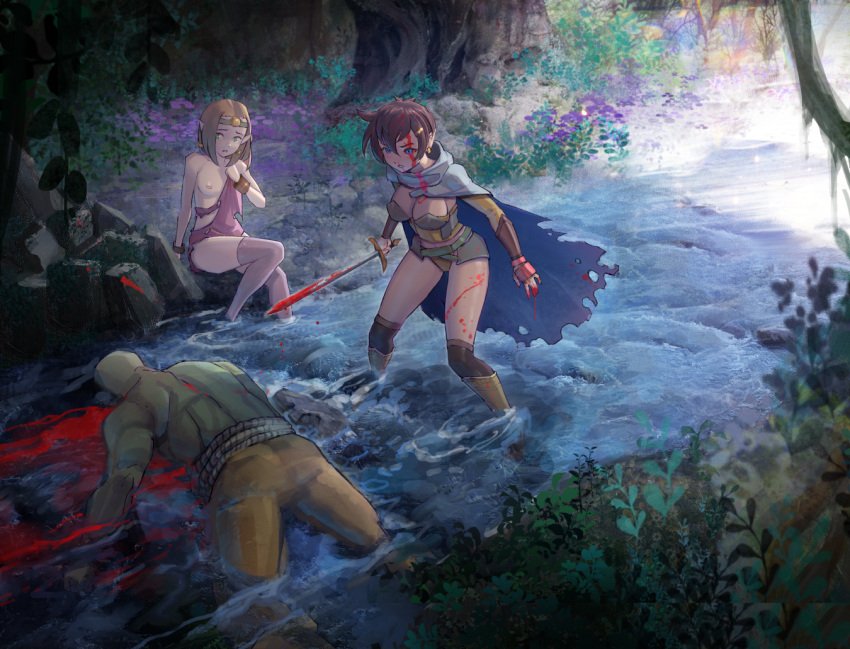 1boy 2girls armor bleeding blood blood_on_face blood_on_weapon breasts cape corpse death dress elf fantasy holding holding_sword holding_weapon large_breasts multiple_girls nature nipples orc original outdoors pointy_ears sitting small_breasts stream sword thighhighs torn_clothes torn_dress water weapon yugen99