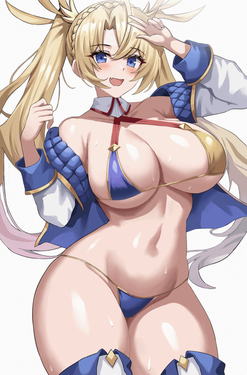 1girl animated animated_gif arm_up bad_source bare_shoulders bikini blonde_hair blue_bikini blue_eyes blue_jacket blush boots bradamante_(fate) braid breasts cleavage collarbone crown_braid fang fate/grand_order fate_(series) gold_bikini gold_trim halterneck hand_up highres jacket jasony large_breasts long_hair long_sleeves looking_at_viewer multicolored_bikini multicolored_clothes navel off_shoulder open_clothes open_jacket open_mouth parted_bangs simple_background skin_fang smile solo sweat swimsuit thick_thighs thigh_boots thighs twintails underboob very_long_hair white_background white_jacket