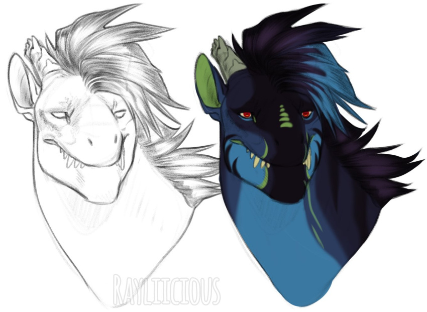ambiguous_gender artist_name blue_mane dragon feral green_inner_ear male_(lore) mane mythological_creature mythological_scalie mythology partially_colored purple_mane rayliicious red_eyes scalie simple_background solo teeth white_background yellow_sclera yellow_teeth