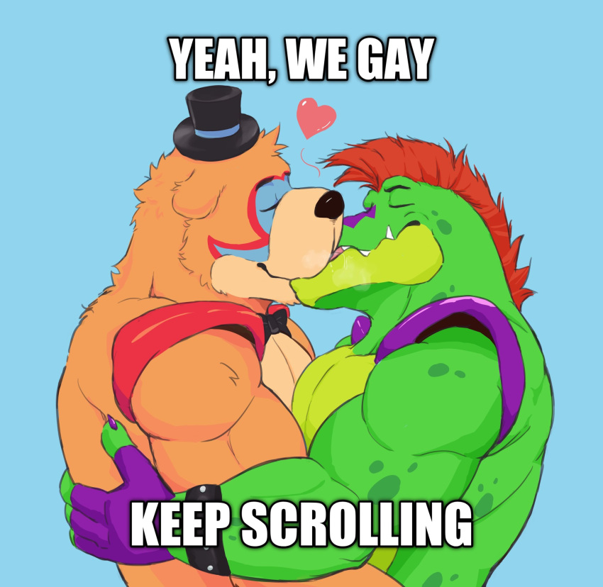 2boys animal_ears bara bear_ears blaze_(bl4z3blaze) bracelet breath brown_hair five_nights_at_freddy's five_nights_at_freddy's:_security_breach foreplay freddy_fazbear french_kiss from_side furry furry_male furry_with_furry glamrock_freddy gregory_(fnaf) hat heart highres hop_on_among_us_(meme) hug image_macro_(meme) jewelry kiss male_focus meme mini_hat multiple_boys muscular muscular_male mutual_hug pectorals profile reptile_boy short_hair spiked_bracelet spikes thick_eyebrows top_hat tusks upper_body yaoi yeah_we_gay_keep_scrolling_(meme)