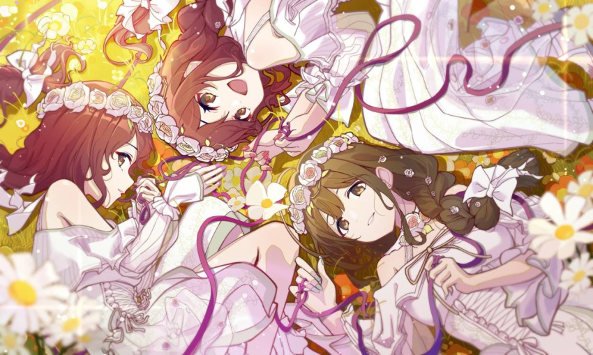 3girls alstroemeria_(idolmaster) bow brown_hair dandelion dress fingernails flower hair_bow head_wreath idolmaster idolmaster_shiny_colors khorosho kuwayama_chiyuki long_braid long_hair looking_at_viewer lying multiple_girls nail_polish on_back on_ground on_side osaki_amana osaki_tenka siblings sisters smile twins very_long_hair white_dress