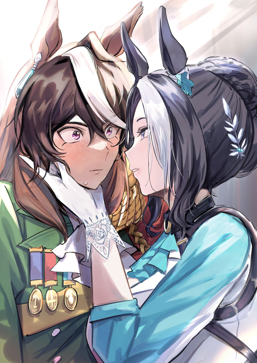 2girls absurdres aiguillette animal_ears ascot black_hair blue_ascot blue_jacket blush bojue_(hakus_1128) brown_hair buttons cape commentary_request double-breasted ear_ornament earrings epaulettes eye_contact gloves green_jacket hair_between_eyes hair_bun hair_ornament highres horse_ears horse_girl jacket jewelry long_hair long_sleeves looking_at_another medal medium_hair mejiro_ramonu_(umamusume) multicolored_hair multiple_girls purple_eyes red_cape side_cape single_earring single_epaulette streaked_hair symboli_rudolf_(umamusume) umamusume upper_body white_ascot white_gloves white_hair yuri