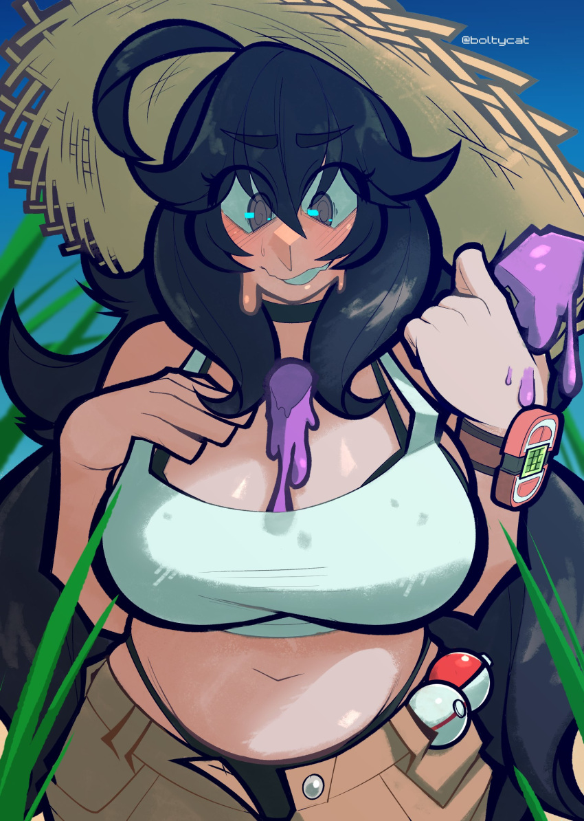 1girl @_@ absurdres ahoge alternate_costume artist_name black_bra black_hair black_panties blush boltycat bra breasts crop_top food hand_on_own_chest hat hex_maniac_(pokemon) highres holding holding_food holding_popsicle large_breasts looking_down navel panties parted_lips poke_ball poke_ball_(basic) pokemon popsicle premier_ball purple_eyes solo sun_hat twitter_username underwear