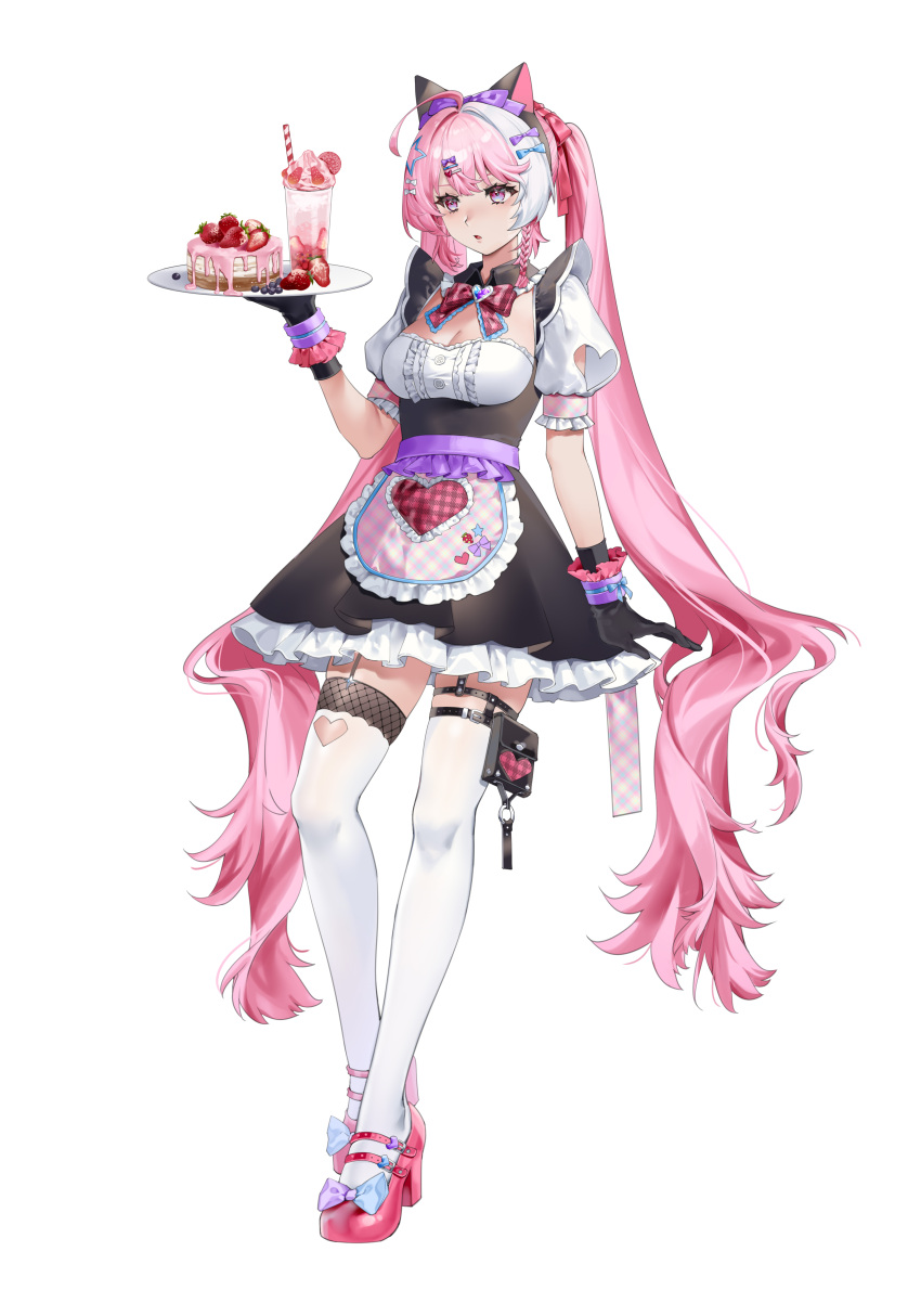 1girl :o absurdres ahoge animal_ears apron arm_cutout arm_support black_dress black_gloves blue_bow bow bowtie breasts cake cat_ears center_frills cleavage clothing_cutout cream cup detached_collar dress drink drinking_glass fake_animal_ears food footwear_bow frilled_apron frilled_dress frills fruit full_body garter_straps gloves hair_bow hair_ornament hand_up heart_apron heart_cutout high_heels highres holding holding_plate invisible_table kelezi leaning long_hair looking_ahead maid medium_breasts multicolored_hair original pink_apron pink_bow pink_bowtie pink_eyes pink_footwear pink_hair plaid plaid_apron plate pocky pouch puffy_short_sleeves puffy_sleeves purple_bow purple_wrist_cuffs short_dress short_sleeves solo split-color_hair standing star_(symbol) star_hair_ornament strawberry strawberry_cake tachi-e thigh_cutout thigh_pouch thighhighs twintails very_long_hair waist_apron white_background white_hair white_thighhighs wrist_cuffs zettai_ryouiki